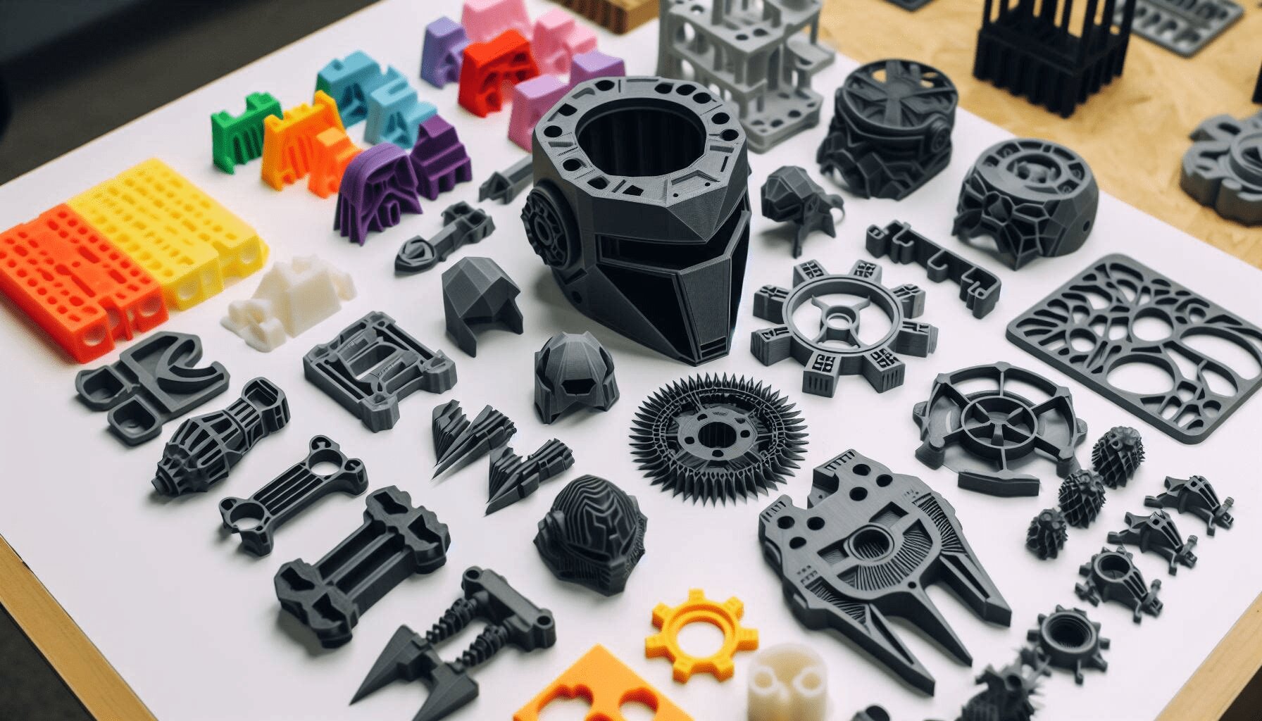 A workbench covered in industrial 3D-printed parts in many materials and colours